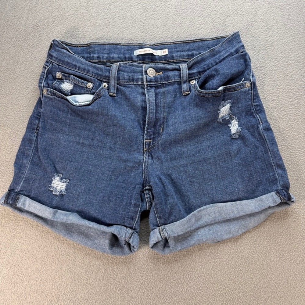Levi's Denim Shorts Mid Length Distressed Cuffed Size 28 Blue Jean Bermuda